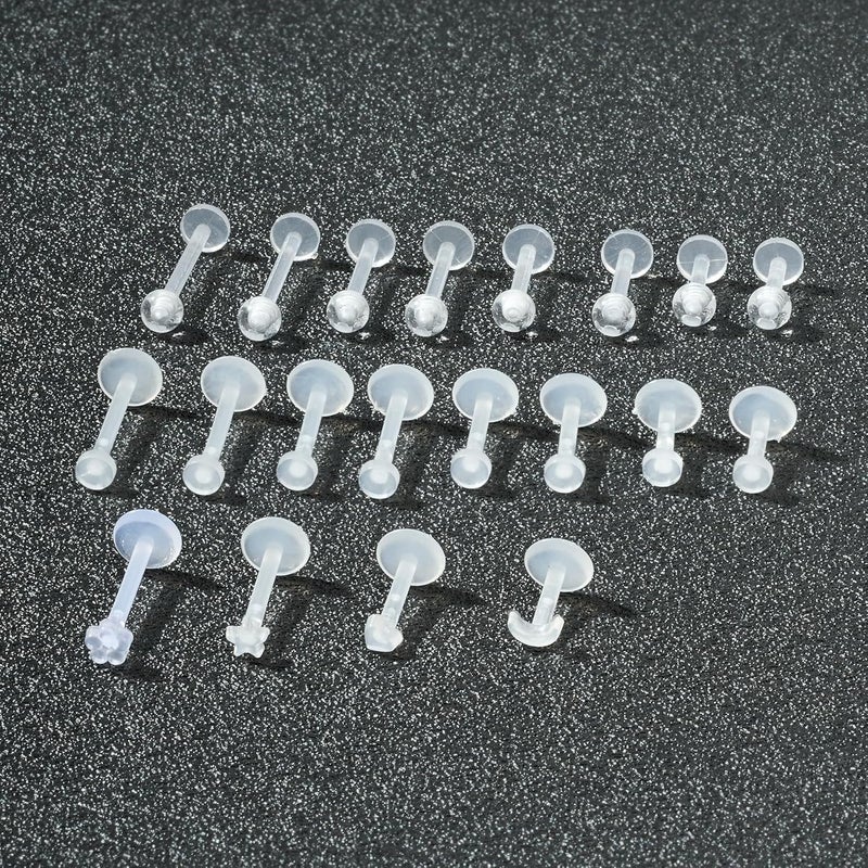 FECTAS 20-38PCS Clear Piercing Jewelry Bioflex Plastic Earrings Nose Rings Studs Septum Belly Cartilage Helix Industrial Nipple Tongue Lip Labret Eyebrow Piercing Retainers for Surgery Work Sports - Image 3